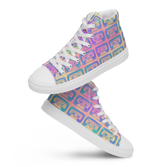 80s Retro Women’s High Top Canvas Shoes, Vintage Style Sneakers,  1980s Design, Funky Fashion Footwear, Throwback Gift