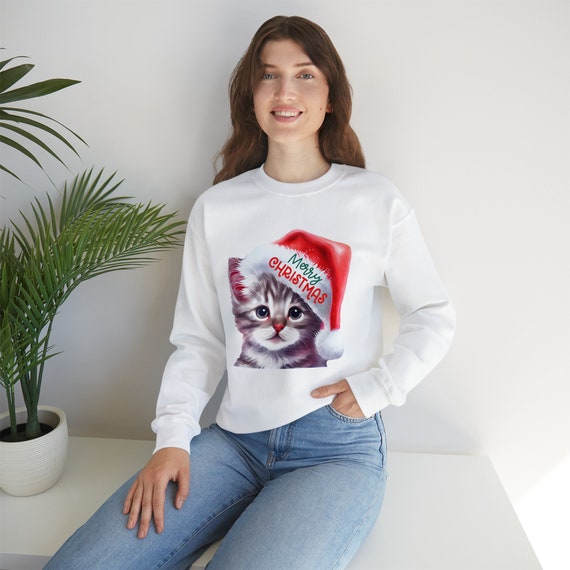 Personalised Cat Santa Hat Christmas Jumper Funny Family Holiday Outfit Cat Lovers Xmas Unisex Sweatshirts Personalised cat Shirt Unisex