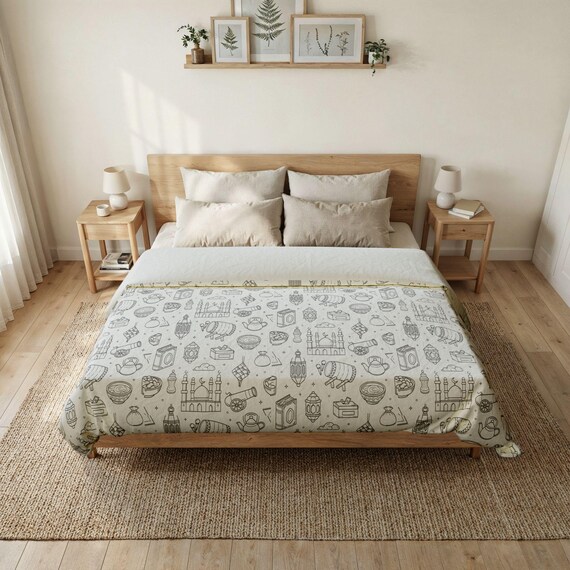 Ramadan Eid Doodle Cotton Duvet Cover Design | Islamic Home Décor, Crescent Motif