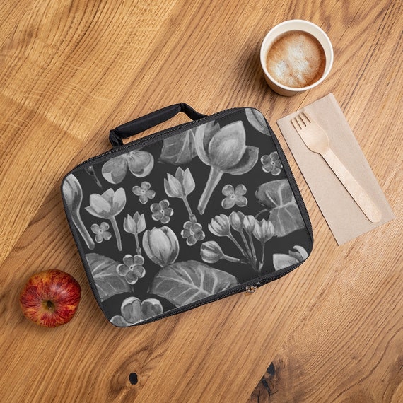 A Black and White Work Lunch Bag with floral Design School Lunch box Flower Lover Design Lunch bag Nature Lover Picnic Bag Insulation Bag