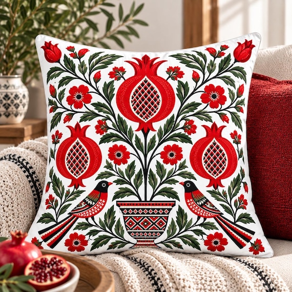 Palestinian Printed Pillowcase, Pomegranate & Bird Heritage Design, Traditional Palestine Home Decor