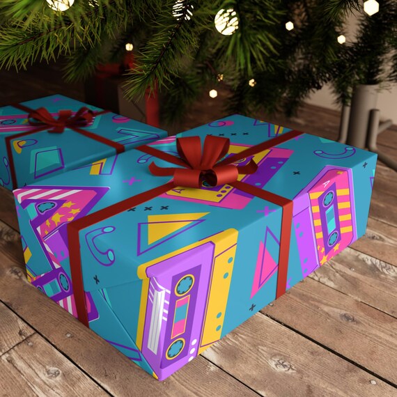 Christmas Wrapping Paper Sheets, 1pc - Cool Retro 80s 90s Gift Wrap, Holiday Present Decoration, Festive Xmas Craft Supply, Hip Vintage