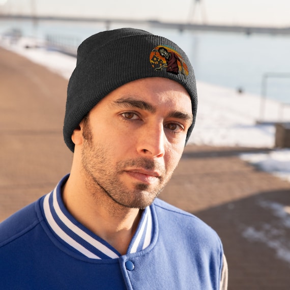 Halloween Knit Beanie gift, Unisex embroidered Spooky beanie hat. Halloween Season Spooky hat.