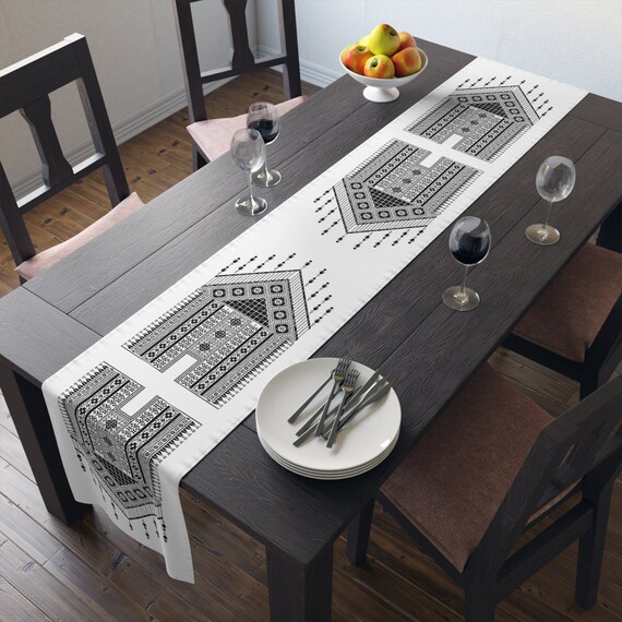 Palestinian Black and White Printed Table Runner (Cotton, Poly) Home décor Ramadan Eid Home décor.