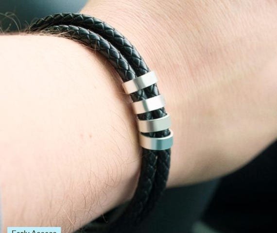 Best Dad Ever leather bracelet, engraved name leather bracelet with beads