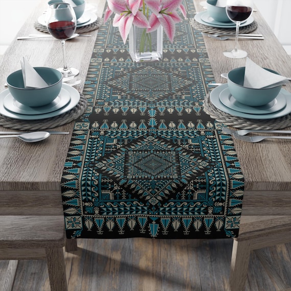 Embroidered Printed Palestinian Tatreez Table Runner, Cotton Poly Home Decor Gift, Holiday Dining Decor, Traditional Middle Eastern Design,