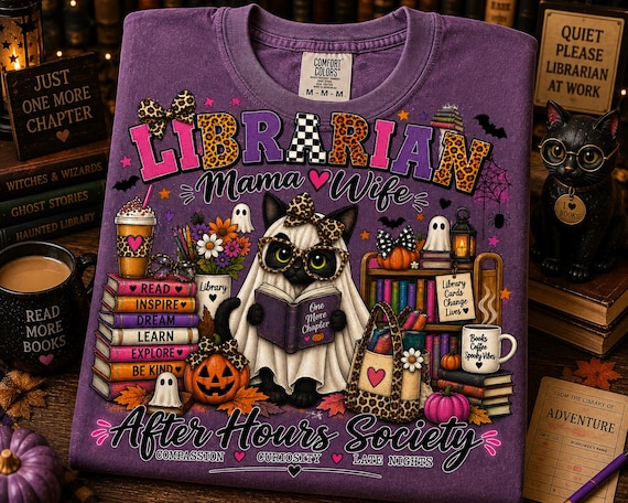 School Librarian Mama Wife Halloween Shirt, Cute Ghost Cat Librarian Tee, Book Lover Fall Shirt, Spooky School Library Gift