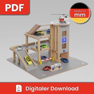 Puede incluir: Aparcamiento de juguete de madera con múltiples niveles, rampas y helipuerto. Incluye coches en miniatura y un helicóptero. La imagen también contiene el texto "PDF" y "Digitaler Download".