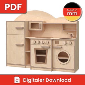 May include: A wooden play kitchen with a white countertop, a stove with four burners, an oven, a sink, a refrigerator, and a washing machine. The kitchen is made of plywood and has a light wood finish. The text "Maße in mm" is visible on the image.
