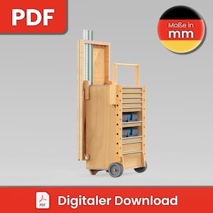 Puede incluir: Un carrito de herramientas móvil de madera clara con una sección de almacenamiento vertical para objetos largos, un asa superior y varios cajones. Dos maletines de herramientas azules y negros son visibles en los compartimentos abiertos. La unidad se desplaza sobre cuatro ruedas grises.
