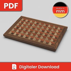 Op de afbeelding: Een houten dienblad met een geometrisch patroon van vierkanten. Het dienblad is gemaakt van donker hout met een inleg van licht hout. Het dienblad is 30,5 cm breed en 45,7 cm lang.