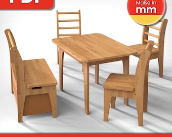 May include: A wooden table and four chairs, including a bench with storage. The table and chairs are all made of natural wood and have a simple, classic design. The bench has a built-in storage compartment. The image includes the text "PDF" and "Digitaler Download".