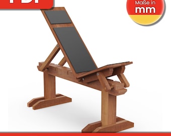 May include: A wooden adjustable bench with a black padded backrest and seat. The bench is designed for exercise and has a sturdy construction. The image includes the text "Maße in mm" and a German flag.