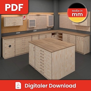 May include: A light wood workshop design with multiple cabinets, drawers, and a central island. The design includes a PDF icon and the text "Digitaler Download". The workshop features a variety of storage solutions and a neutral colour palette.
