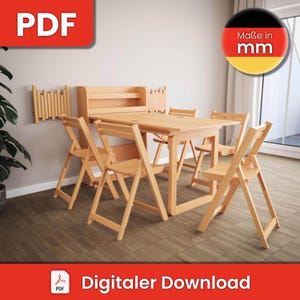 May include: A wooden folding table and six matching chairs. The table has a shelf underneath and a small cabinet on the side. The chairs are all folded up and ready to be used. The table and chairs are all made of natural wood and have a light brown finish. The image includes the text "Maße in mm" and "Digitaler Download".