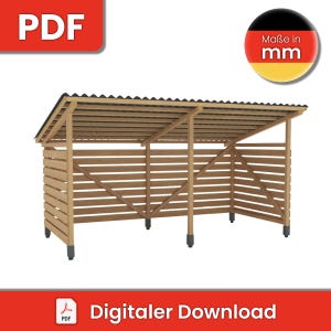 Op de afbeelding: Een houten schuur met een lattenontwerp en een zwart gegolfd dak. De schuur heeft een rechthoekige vorm en wordt ondersteund door houten palen. De afbeelding bevat de tekst "PDF" en "Digitaler Download".