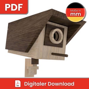 Puede incluir: Una casita de pájaros de madera con un techo marrón y un cuerpo marrón claro. La casita de pájaros tiene un agujero de entrada redondo y una pequeña percha. La casita de pájaros está montada en un soporte de madera. El texto "Maße in mm" es visible en la esquina superior derecha de la imagen.