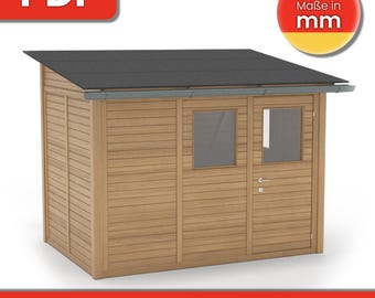 Könnte beinhalten: Ein digitaler Download PDF-Plan zum Bau eines Holzschuppens mit Satteldach, zwei Fenstern und einer Tür. Der Schuppen ist aus Holzbrettern gefertigt und hat ein graues Dach. Der Text "Maße in mm" ist in der oberen rechten Ecke des Bildes sichtbar.