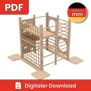 Peut inclure: Une structure d'escalade en bois avec une échelle, un filet en corde et deux plateformes. La structure est en bois naturel et a une couleur brun clair. La structure est conçue pour que les enfants puissent grimper et jouer. L'image comprend le texte "Maße in mm" et "Digitaler Download".