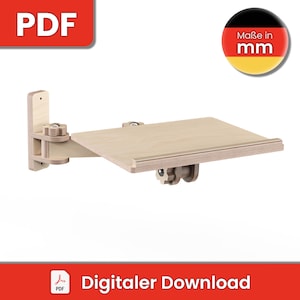 Könnte beinhalten: Ein wandmontiertes Holzregal mit einem Kippmechanismus. Das Regal ist aus hellem Holz gefertigt und hat ein schlichtes Design. Das Regal ist mit "Digitaler Download" und "Maße in mm" beschriftet.