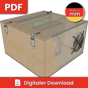 Op de afbeelding: Een digitaal downloadbare PDF-tekening voor het bouwen van een houten doos met een doorzichtig plastic deksel, een ventilator en een sluiting. De doos is ongeveer 30 cm breed, 30 cm lang en 30 cm hoog. De tekening bevat afmetingen in millimeters.