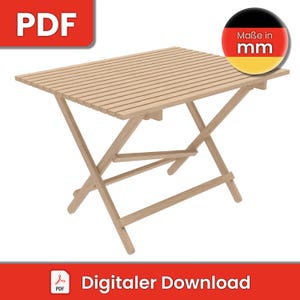 May include: A wooden folding table with a slatted top. The table is light brown in color and has a simple, functional design. The image includes the text "Maße in mm" in a circle with the German flag colors.