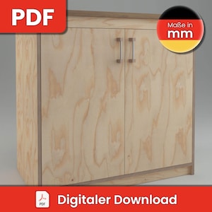 Könnte beinhalten: Ein Holzschrank mit zwei Türen und Metallgriffen. Der Schrank ist aus Sperrholz und hat eine helle Holzoptik. Der Schrank ist 75 cm breit, 80 cm hoch und 40 cm tief.