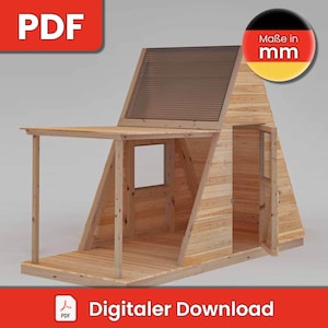 Puede incluir: Una casa de juegos de madera en forma de A con un porche cubierto y una puerta. La casa de juegos tiene una ventana y un techo de plástico transparente. El texto "Maße in mm" es visible en la esquina superior derecha de la imagen.