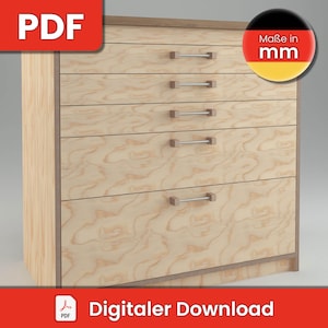 May include: A wooden dresser with six drawers and silver metal drawer pulls. The dresser is made of light wood with a wood grain pattern. The drawers are all closed. The dresser is labeled "Maße in mm" in German, which means "Measurements in millimeters".