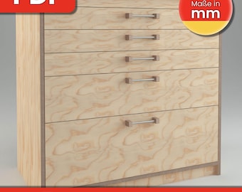 May include: A wooden chest of drawers with six drawers and silver metal drawer pulls. The chest of drawers is made of light wood with a wood grain pattern. The drawers are all closed. The chest of drawers is labelled "Maße in mm" in German, which means "Measurements in millimetres".