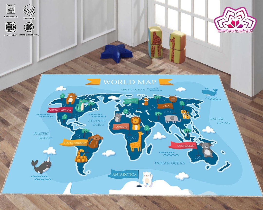 World Map Rug, Minimalist Rug, Kids Rug, Kids Room Rug, Nursery Rug