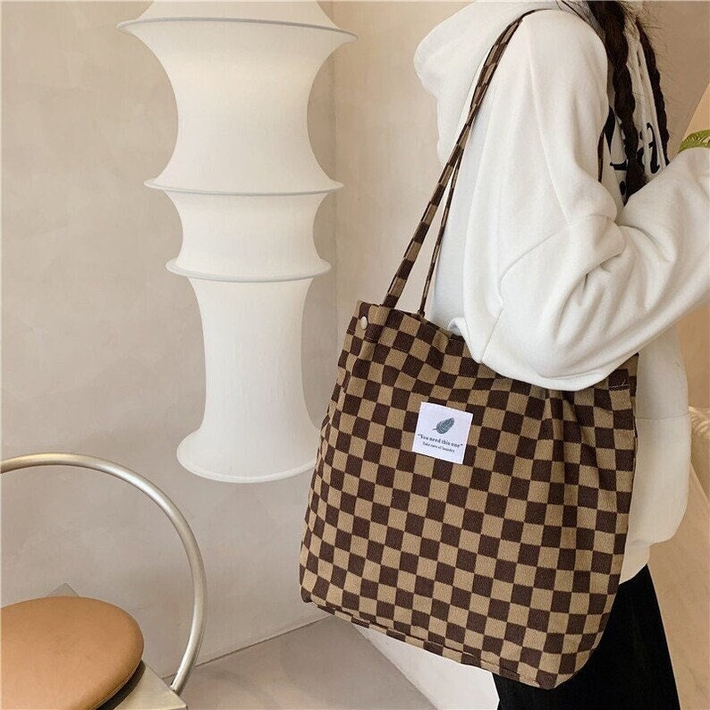 Checkered Tote/Handbag with Pouch - Brown - My Unique Boutique