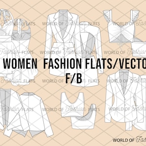 24 WOMEN fashion flats/vectors/F & B - CAD, fashion vector, adobe illustrator, technical drawing
