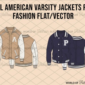 Peut inclure: Illustration de vestes universitaires en deux couleurs. L'une est beige avec des manches blanches et un écusson "A", l'autre est bleu marine avec des manches blanches et un écusson "P". Le texte indique "ALL AMERICAN VARSITY JACKETS F/B FASHION FLAT/VECTOR".