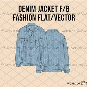 May include: A denim jacket flat sketch, showing the front and back views. The jacket has a classic design with a button-up front, long sleeves, and two pockets on the front.