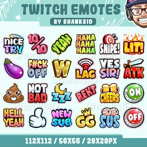 Puede incluir: Un conjunto de 20 emotes de Twitch con varios dise&ntilde;os y frases, incluyendo "Nice Try", "10/10", "F#ck Off", "Lag", "Yes Sir", "Atk", "Not Bad", "Zzz", "Rekt", "Cheers", "On", "Hell Yeah", "New Sub", "GG", "Sus" y "Off". Los emotes son de estilo de dibujos animados y est&aacute;n dise&ntilde;ados para su uso en Twitch.