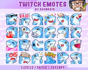 24 Cute Shark Twitch Emotes Pack, Discord Set (PNG Files)