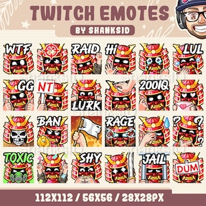 May include: A set of 16 Twitch emotes featuring a red and gold samurai warrior with different expressions and text. The emotes include "WTF", "RAID", "HI", "LUL", "GG", "NT", "200IQ", "LURK", "BAN", "RAGE", "TOXIC", "SHY", "JAIL", and "DUM".