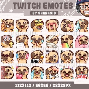 Kawaii Pug Twitch Emotes Pack: Streaming & Discord (Digital Download)