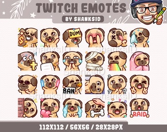 May include: A set of 20 Twitch emotes featuring a pug dog in various poses and expressions. The emotes are designed in a cartoon style and include text such as "DUM", "BAN", "RAID", and "X X".