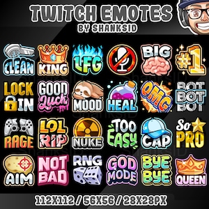 Puede incluir: Una colección de 16 emoticonos de Twitch coloridos, cada uno con un diseño y texto diferente. Los emoticonos están dispuestos en una cuadrícula y incluyen diseños como una corona, un candado, una calavera, una botella, un micrófono, un jugador y una estrella. El texto en los emoticonos incluye frases como "Clean King", "Lock In", "Rage", "Aim", "Not Bad", "RNG", "God Mode", "Bye Bye" y "Queen".