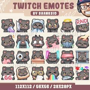 24 Cute Black Cat Emotes Pack, Twitch and Discord Set, Kawaii Emote, PNG Files, Premium Emotes, For Streaming Needs