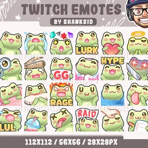 May include: A set of 18 Twitch emotes featuring a green frog with different expressions and accessories. The emotes are in a grid format and include expressions like 'Lurk', 'Hype', 'GG', 'Rage', 'Raid', and 'LUL'.