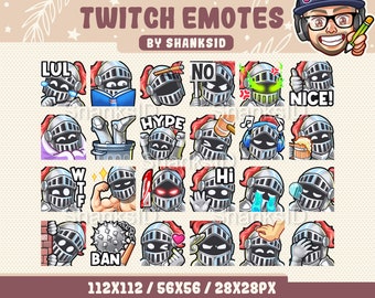 Puede incluir: Un conjunto de 18 emotes de Twitch que presentan a un caballero plateado con diferentes expresiones y accesorios. Los emotes incluyen "LUL", "HYPE", "NO", "BAN", "NICE!" y más. Los emotes están diseñados en un estilo de dibujos animados y son perfectos para usar en Twitch.