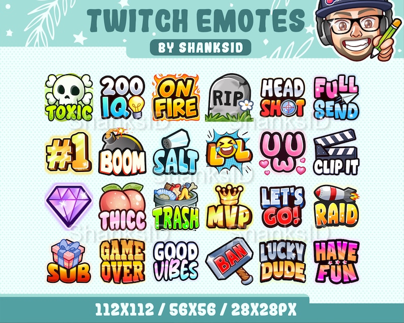 May include: A set of 20 Twitch emotes featuring various designs, including a skull, a lightbulb, a fire, a tombstone, a target, a paper airplane, a bomb, a salt shaker, a laughing face, a heart, a clapperboard, a diamond, a peach, a trash can, a crown, a rocket, a gift box, a game over sign, a peace sign, a hammer, a lucky charm, and a star. The emotes are in a grid format and are labeled with text such as "Toxic", "200 IQ", "On Fire", "RIP", "Head Shot", "Full Send", "#1", "Boom", "Salt", "LOL", "UWU", "Clip It", "Thicc", "Trash", "MVP", "Let's Go!", "Raid", "Sub", "Game Over", "Good Vibes", "Ban", "Lucky Dude", and "Have Fun". The emotes are designed in a cartoon style and are colorful.