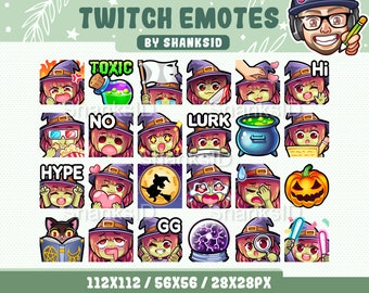 Peut inclure: Un ensemble de 16 émoticônes Twitch mettant en scène un personnage de sorcière dans différentes poses et expressions. Les émoticônes incluent "Toxic", "Hi", "No", "Lurk", "Hype", "GG", et plus encore. Les émoticônes sont conçues dans un style cartoon avec des couleurs vives et une esthétique fantaisiste.