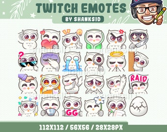 24 weiße Eulen Emotes Pack, Twitch und Discord Set, PNG Dateien