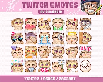 24 süße braune Eulen Emotes Pack, Twitch und Discord Set, Chibi Emote PNG-Dateien, Premium Emotes, für Streamen geeignet