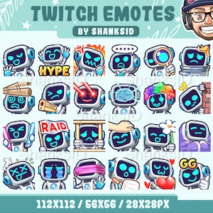 24 Unique Robot Twitch Emotes Pack, Twitch and Discord Set, PNG Files, Premium Emotes, For Streaming Needs