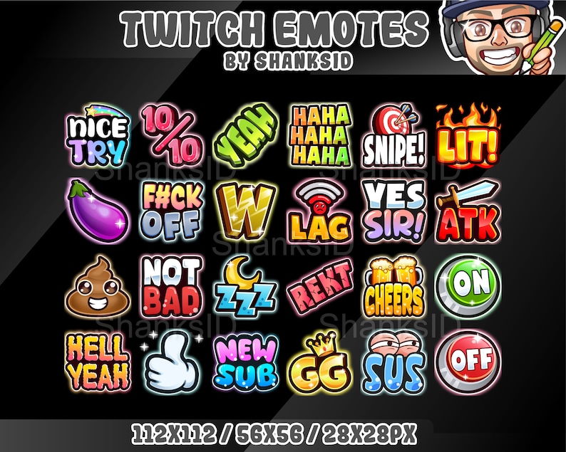 Puede incluir: Un conjunto de 20 emoticonos de Twitch coloridos con varias frases e im&aacute;genes, incluyendo "Nice Try", "10%", "F#ck Off", "W", "Lag", "Yes Sir", "Atk", "Not Bad", "Zzz", "Rekt", "Cheers", "On", "Hell Yeah", "New Sub", "GG", "Sus" y "Off". Los emoticonos est&aacute;n dise&ntilde;ados en un estilo de dibujos animados y son perfectos para usar en Twitch.